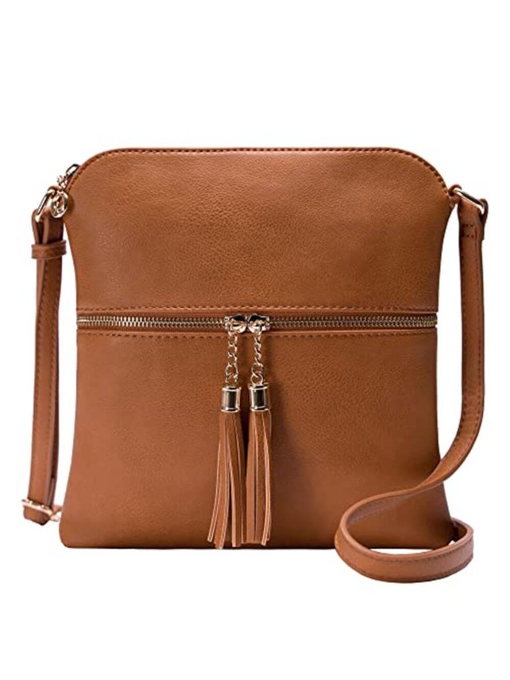 Tan Faux Leather Crossbody Purse Tassel Zipper Adjustable Strap Travel Bag